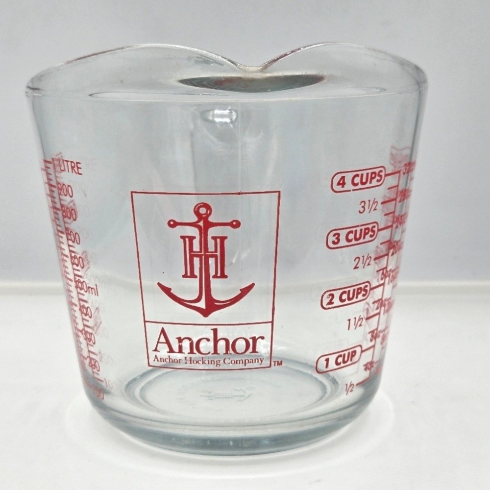 Anchor‎ Hocking 4 Cup 1 Quart Glass Measuring Cup Red Lettering Vtg Made in USA